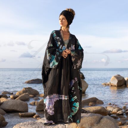 Handmade Tie Dye Patchwork Cotton Kimono Duster: Boho Maxi Coat - Veda