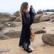 Raven Black Ondine Kaftan Dress: Plus Size Beach Cover-Up | Butterfly Mesh | Ruffled Sleeves | Flowy Maxi for Resort, Vacation, or Party - Image 2