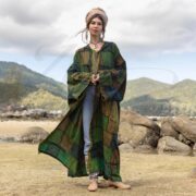 Plus Size Boho Kimono Duster: Emerald Patchwork Hooded Coat - Veda