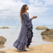 Plus Size Boho Rayon Kaftan Maxi Dress: Blue Dusk Ruffle Sleeve V-Neck - Wild Heart - Image 2