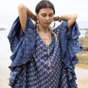 Plus Size Boho Rayon Kaftan Maxi Dress: Blue Dusk Ruffle Sleeve V-Neck - Wild Heart - Image 5