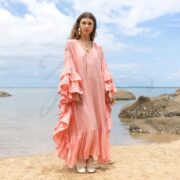 Plus Size Boho Rayon Kaftan Maxi Dress: Coral Mist Ruffle Sleeve V-Neck - Wild Heart