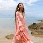 Plus Size Boho Rayon Kaftan Maxi Dress: Coral Mist Ruffle Sleeve V-Neck - Wild Heart - Image 4