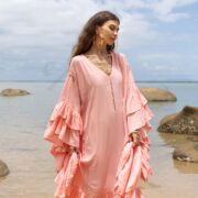 Plus Size Boho Rayon Kaftan Maxi Dress: Coral Mist Ruffle Sleeve V-Neck - Wild Heart - Image 5