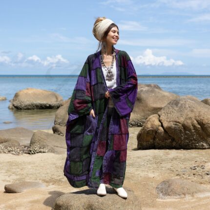 Plus Size Boho Kimono Duster: Royal Blue Patchwork Cotton Festival Coat - Veda