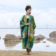 Plus Size Silk Kimono Robe: Emerald Green Floral Patchwork, Quilted Boho Style - Ember