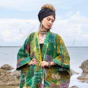 Plus Size Silk Kimono Robe: Emerald Green Floral Patchwork, Quilted Boho Style - Ember - Image 4