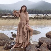 Plus Size Boho Wedding Dress: Raw Cotton Tiered Maxi, Long Sleeves - Isabella - Image 4