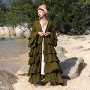 Plus Size Hand Dyed Boho Kimono: Olive Green Raw Cotton Ruffle Duster - Bali