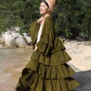 Plus Size Hand Dyed Boho Kimono: Olive Green Raw Cotton Ruffle Duster - Bali - Image 4