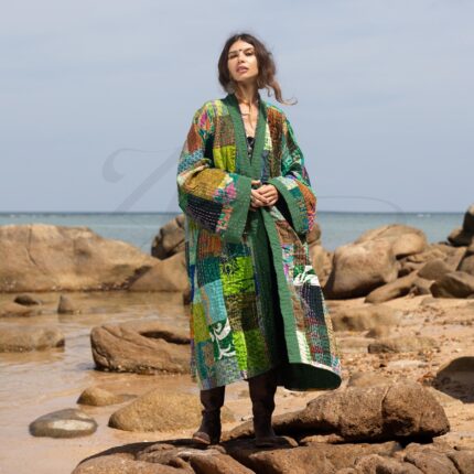 Sage Silk Patchwork Kimono: Boho Quilted Plus Size Duster Robe - Nina