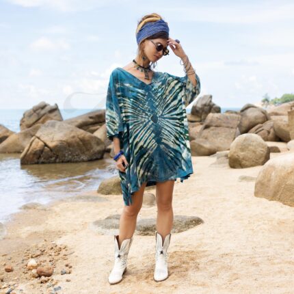 Plus Size Boho Tie Dye Tunic: Handmade Blue Starburst V-Neck - Mei