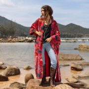 Plus Size Velvet Kimono Robe: Coral Boho Cotton Duster with Pockets - Harper Jade