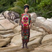 Handmade Crimson Tie-Dye Tunic Dress: Boho Fringe Peace Sign Coverup - Arlo