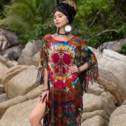 Handmade Crimson Tie-Dye Tunic Dress: Boho Fringe Peace Sign Coverup - Arlo - Image 4