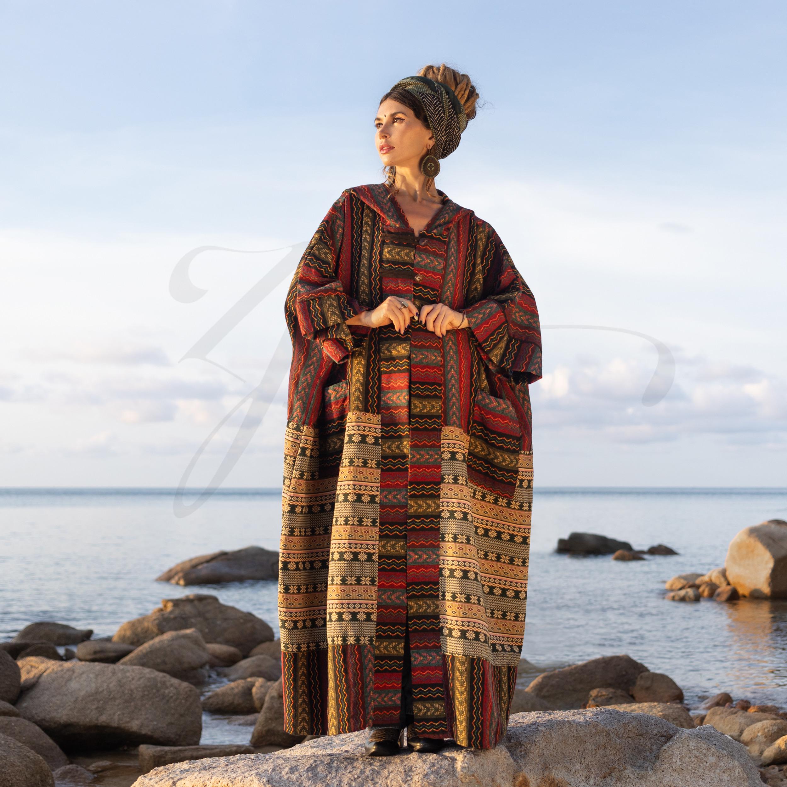 il_fullxfull.6419834858_8wqy.jpg Handwoven Hooded Boho Kimono Robe: Sundown Stripe Cotton Duster - Imperial - Image 1