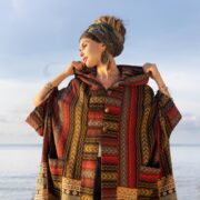 Handwoven Hooded Boho Kimono Robe: Sundown Stripe Cotton Duster - Imperial - Image 4