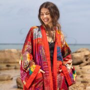 Plus Size Silk Kimono Jacket: Fire Blossom Patchwork Quilted Coat - Nina - Image 4