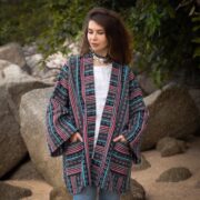 Plus Size Handwoven Kimono Jacket: Boho Stone Grid Cotton Coat - Nomari - Image 4