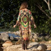Hand-Dyed Tie-Dye Fringe Tunic Dress: Verdant Flame Boho Poncho - Arlo - Image 3