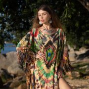 Hand-Dyed Tie-Dye Fringe Tunic Dress: Verdant Flame Boho Poncho - Arlo - Image 4
