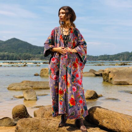 Plus Size Velvet Kimono Robe: Moonstone Petal Floral Duster, Handmade Boho Coat - Harper Jade