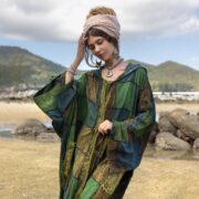 Plus Size Boho Kimono Duster: Emerald Patchwork Hooded Coat - Veda - Image 4
