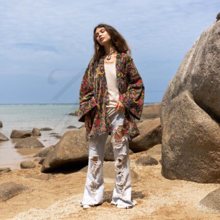 Plus Size Velvet Kimono Jacket: Golden Wreath Boho Fashion - Mei