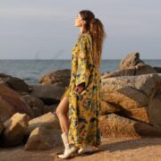 Plus Size Velvet Kimono Duster: Handmade Boho Canary Garden Coat - Mai - Image 2