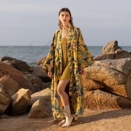 Plus Size Velvet Kimono Duster: Handmade Boho Canary Garden Coat - Mai