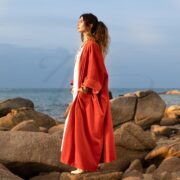 Plus Size Velvet Kimono Duster: Fiery Ochre Boho Robe with Pockets - Harper Jade - Image 2