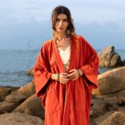 Plus Size Velvet Kimono Duster: Fiery Ochre Boho Robe with Pockets - Harper Jade - Image 4