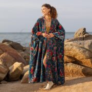 Plus Size Velvet Kimono Duster: Cyan Oasis Floral Boho Robe - Harper Jade