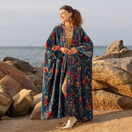 Plus Size Velvet Kimono Duster: Cyan Oasis Floral Boho Robe - Harper Jade