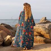 Plus Size Velvet Kimono Duster: Cyan Oasis Floral Boho Robe - Harper Jade - Image 3