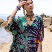 Plus Size Tie Dye V-Neck Tee: Teal Blue Boho Festival Top - Ninive - Image 4