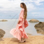 Plus Size Boho Rayon Kaftan Maxi Dress: Coral Mist Ruffle Sleeve V-Neck - Wild Heart - Image 3