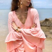 Plus Size Boho Rayon Kaftan Maxi Dress: Coral Mist Ruffle Sleeve V-Neck - Wild Heart - Image 6