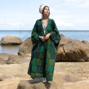 Handcrafted Boho Patchwork Kimono Duster: Forest Green Cotton Festival Coat - Veda