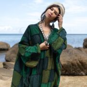 Handcrafted Boho Patchwork Kimono Duster: Forest Green Cotton Festival Coat - Veda - Image 4