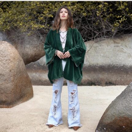 Plus Size Velvet Kimono Jacket: Evergreen Boho Cotton Coat - Mei