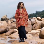 Plus Size Velvet Kimono Jacket: Red Firewheel Gold Embroidery - Mei