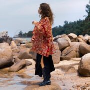 Plus Size Velvet Kimono Jacket: Red Firewheel Gold Embroidery - Mei - Image 2