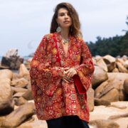 Plus Size Velvet Kimono Jacket: Red Firewheel Gold Embroidery - Mei - Image 4