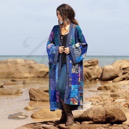 Sapphire Silk Patchwork Kimono: Hand-Quilted Boho Robe - Ninive
