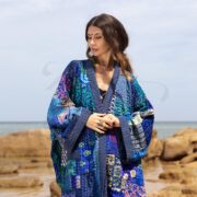 Sapphire Silk Patchwork Kimono: Hand-Quilted Boho Robe - Ninive - Image 4