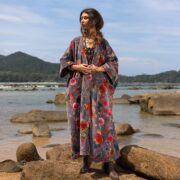 Stunning Plus Size velvet kimono duster- Dusky Flora Harper Jade coat with pockets , cozy fall statement piece - handmade boho robe by ZP