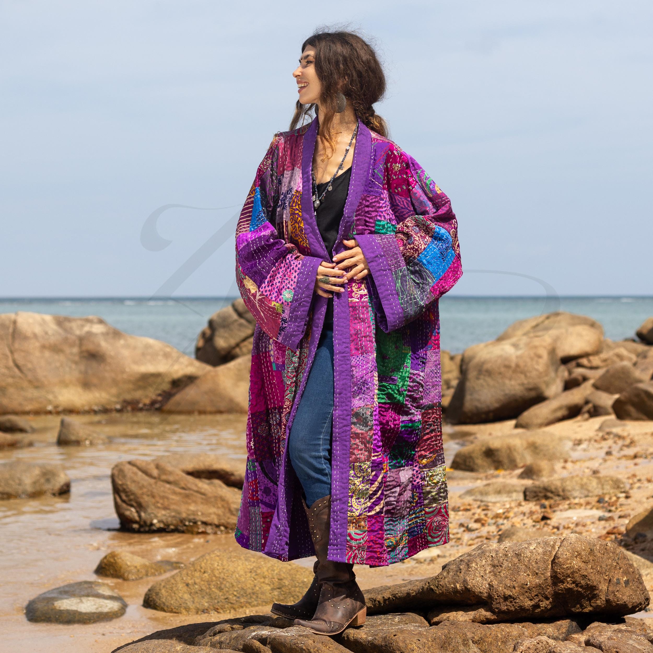 il_fullxfull.6461107657_55j4.jpg Plus Size Boho Silk Kimono Jacket – Amethyst Nina Quilted Patchwork Coat by ZinniaPearl | Handmade, Vibrant, Festival & Wedding Wear - Image 1