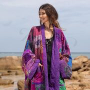 Plus Size Boho Silk Kimono Jacket – Amethyst Nina Quilted Patchwork Coat by ZinniaPearl | Handmade, Vibrant, Festival & Wedding Wear - Image 4