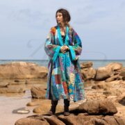 Aqua Blue Quilted Silk Patchwork Kimono: Handmade Boho Jacket - Nina